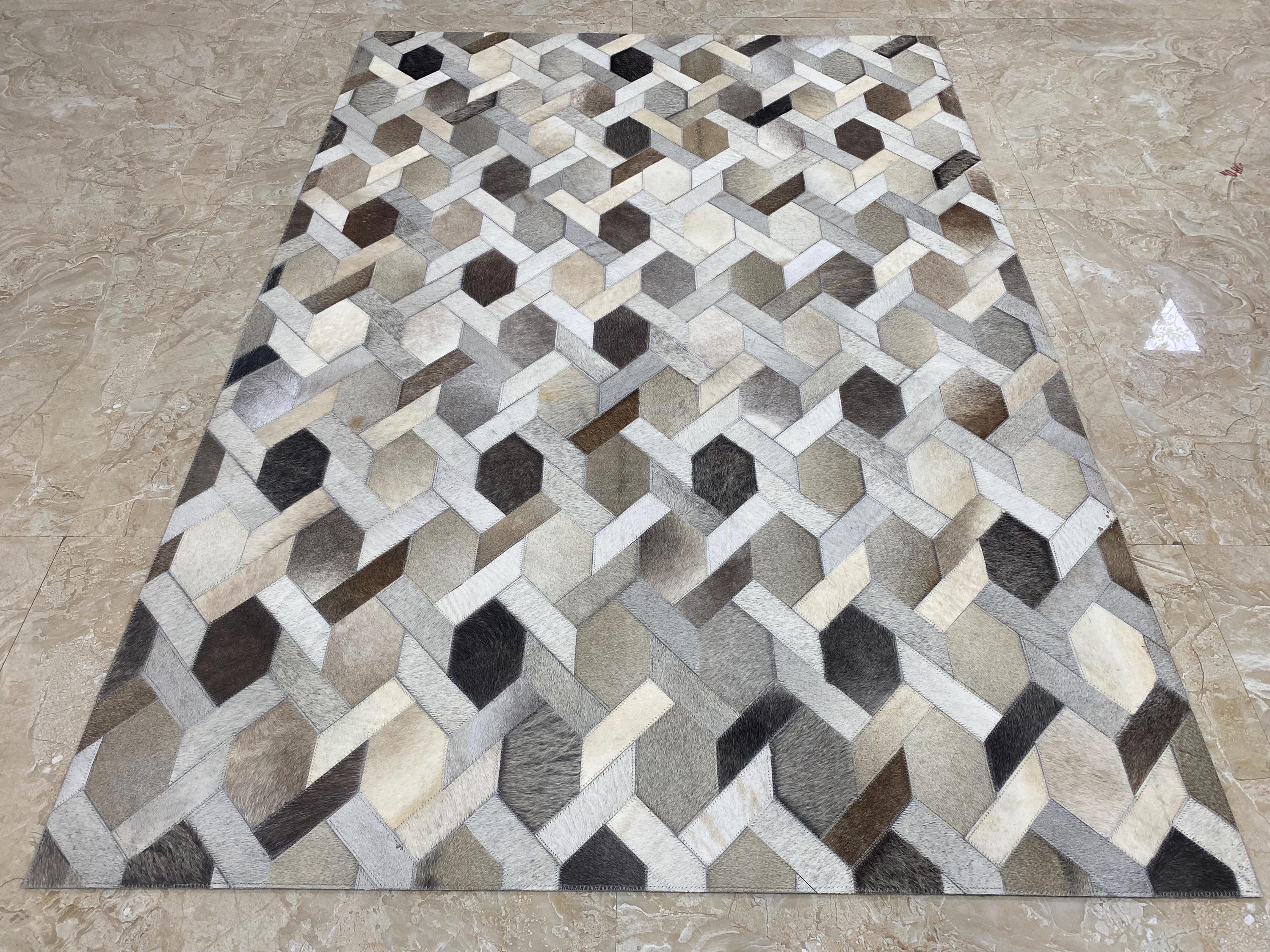 Patchwork Neutral Color Rug Geometric Cowhide Patchwork Rug, Neutral Modern Area Rug, Scandinavian ...