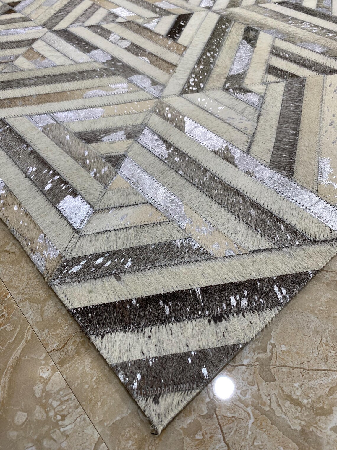 Patchwork Neutral Color Rug Neutral Cowhide Patchwork Rug, Geometric Leather Area Rug, Scandinavian ...