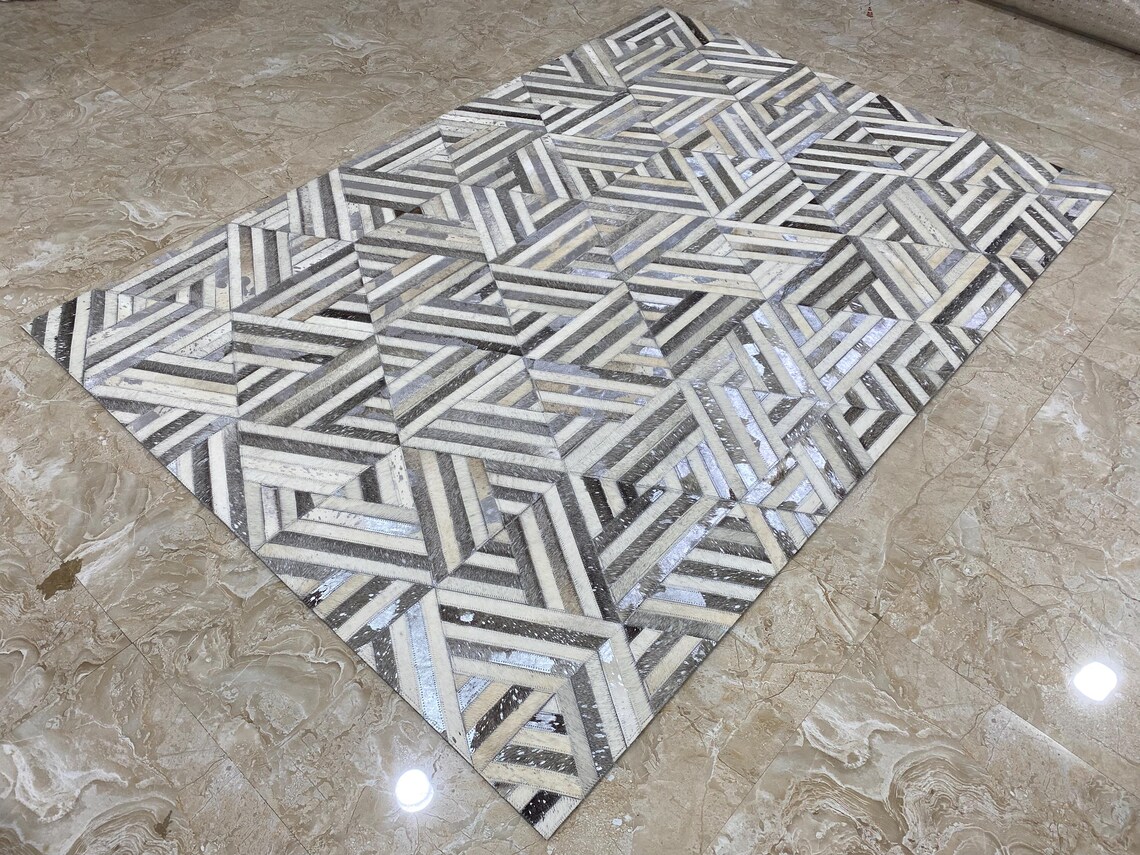Patchwork Neutral Color Rug Neutral Cowhide Patchwork Rug, Geometric Leather Area Rug, Scandinavian ...
