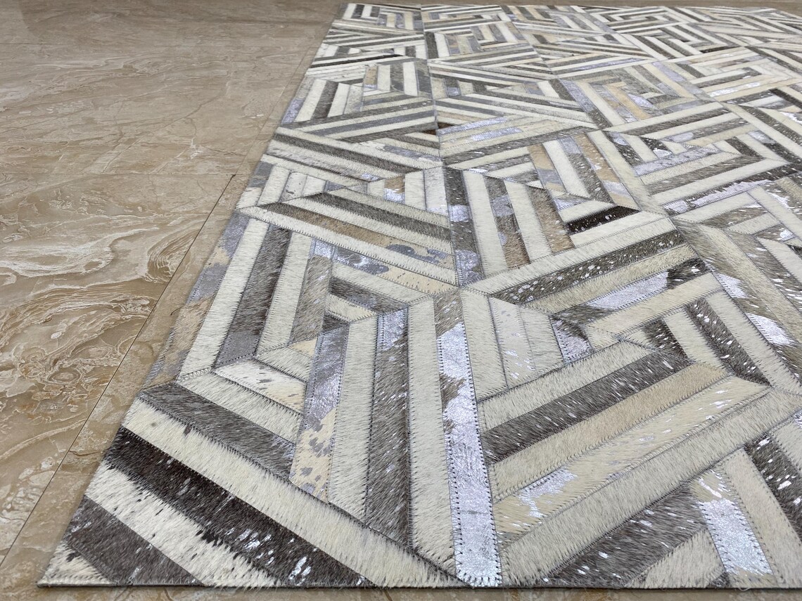 Patchwork Neutral Color Rug Neutral Cowhide Patchwork Rug, Geometric Leather Area Rug, Scandinavian ...