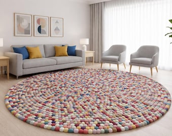 Handmade Multicolor Felt Ball Rug | 100% New Zealand Wool Boho Area Rug