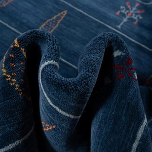 Draped close-up of wool fibers, rust and mustard accent stitches visible on navy pile, soft hand feel