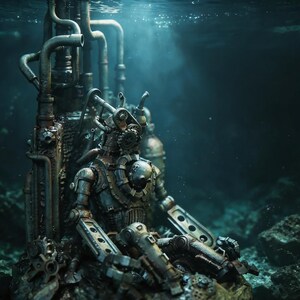 Op de afbeelding: Een steampunk-stijl robotsculptuur onder water. De robot, gemaakt van metalen buizen en tandwielen, zit. De scène wordt verlicht door een blauwgroen onderwaterlicht, wat een mysterieuze sfeer creëert. De ingewikkelde mechanische details zijn zichtbaar.