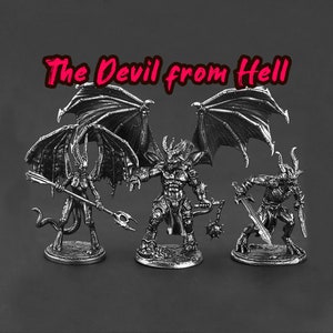 May include: Three silver-colored figurines of demons with wings, horns, and tails. The middle demon is the largest and has a muscular build. The demon on the left is holding a spear, and the demon on the right is holding a sword. The text "The Devil from Hell" is written in red letters above the figurines.