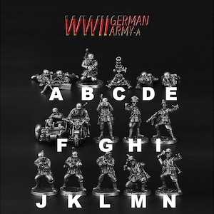 May include: A set of 14 miniature metal figures depicting World War II German soldiers in various poses. The figures are painted in a silver colour and are arranged in rows labelled with letters A through N.