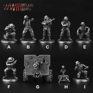 May include: A set of nine pewter figurines depicting British soldiers and military equipment from World War II. The figures are painted in a silver colour and include soldiers in various poses, a cannon, a mortar, and a soldier with a rifle.