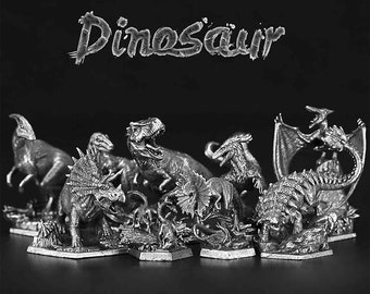 May include: A collection of eight silver-colored dinosaur figurines, including a Tyrannosaurus Rex, Triceratops, Stegosaurus, and Pterodactyl. The figurines are arranged on hexagonal bases and the word "Dinosaur" is written in a stylized font above them.