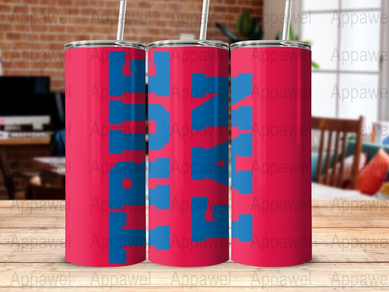 True Fan Tumbler Design Blue Text on Red Background, Unique Sports Fan