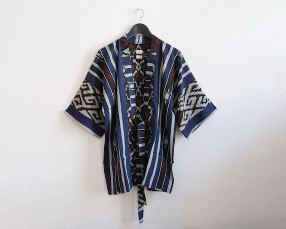 Kimono Cotton Outer Blue Geometric Pattern Indonesian Tenun Ikat Batik Ethnic Summer Festival Oriental Style// by CANDI Berlin