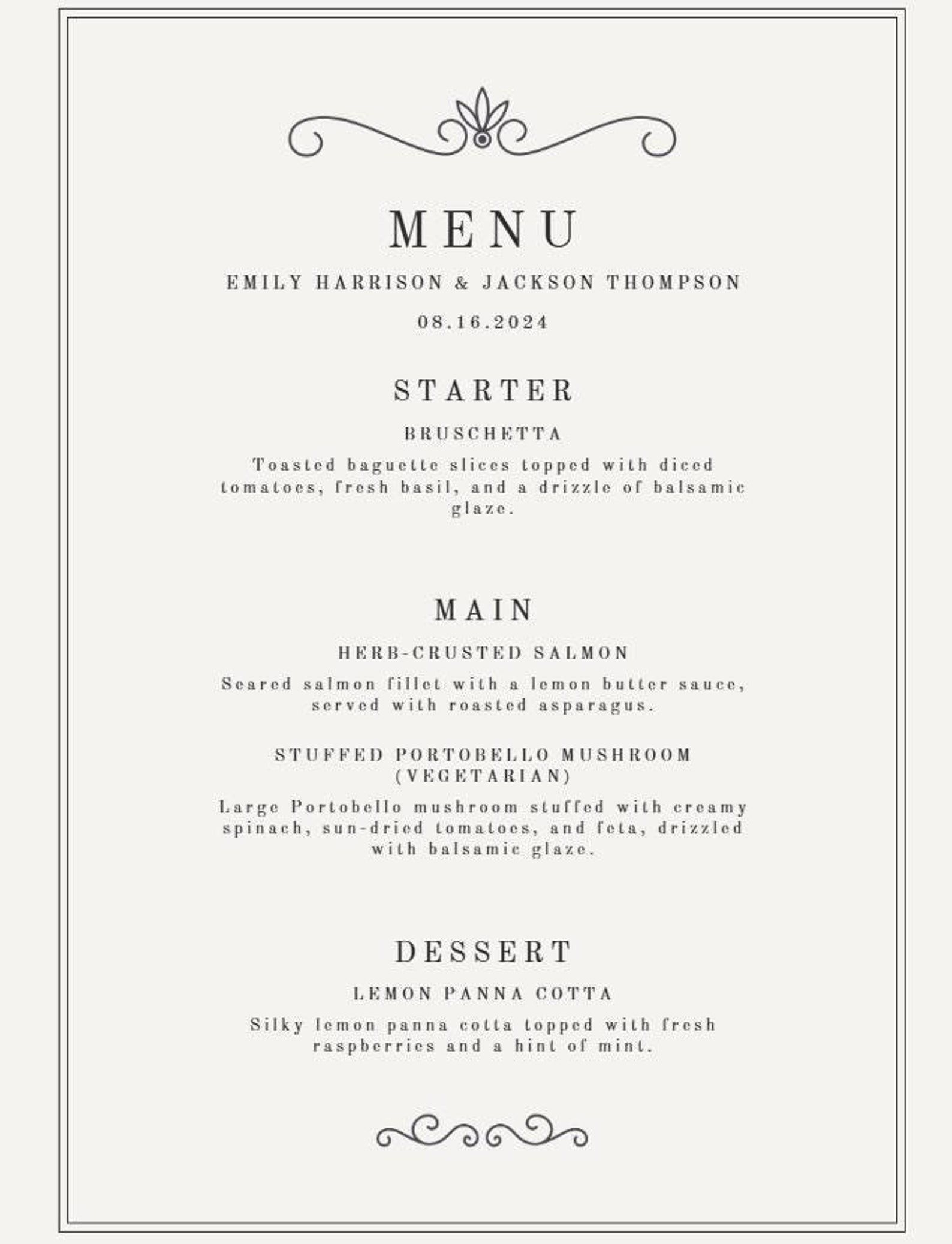 Classic Wedding Menu Template Simple/ Elegant Starter Main Dessert