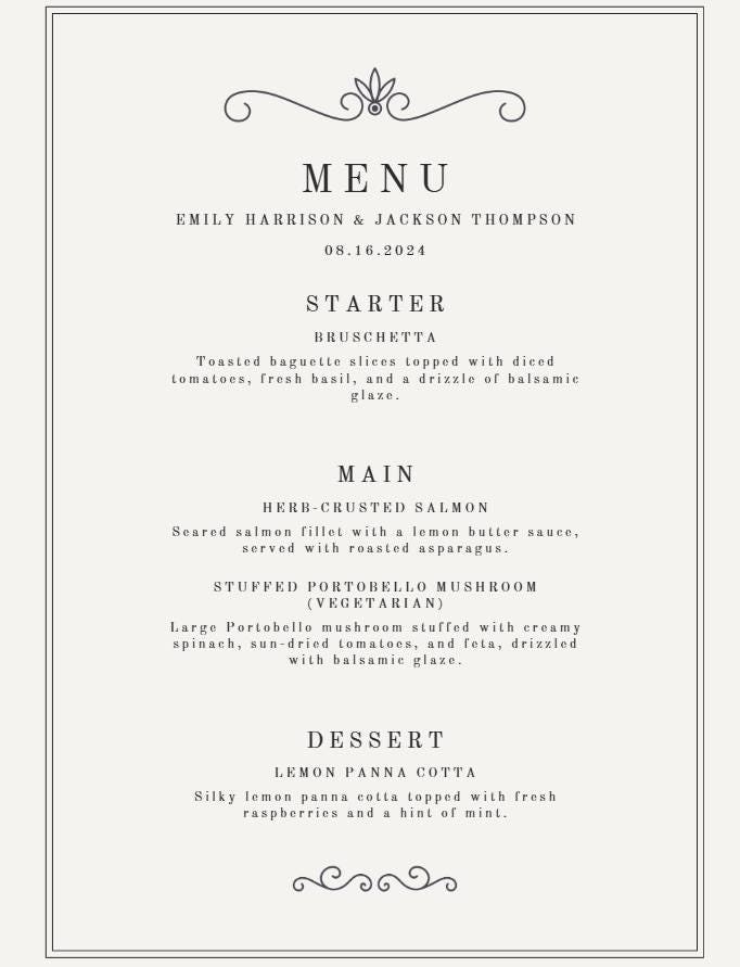 Classic Wedding Menu Template - Simple/ Elegant Starter, Main, Dessert ...