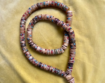 Vintage Yak Bone Mala Beads, Inlaid Copper and Glass, 108 Prayer Beads