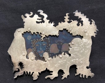 Etched Metal Art Brooch, 'THEM and US Talking', Signed American Jewelry