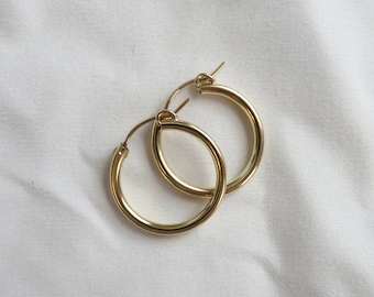 May include: A pair of gold hoop earrings. The hoops are simple and classic, with a smooth finish.