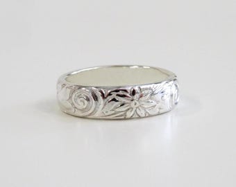 Silver Floral Ring, Silver Ring, Wedding Band, Floral Ring, Thick Silver Ring, Silver Band, Silver Stack Ring, Silver Rings, Vintage Ring