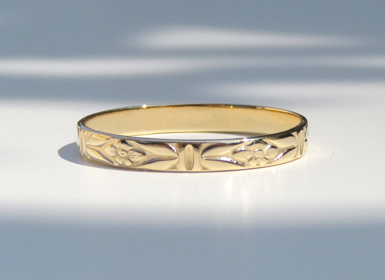 Gold Ring, 14k Gold Pattern Ring, Solid Gold Ring, Gold Stack Ring, 14k Gold Texture Ring, 14k Gold Ring, Minimalist Ring, Floral Ring 2.8mm