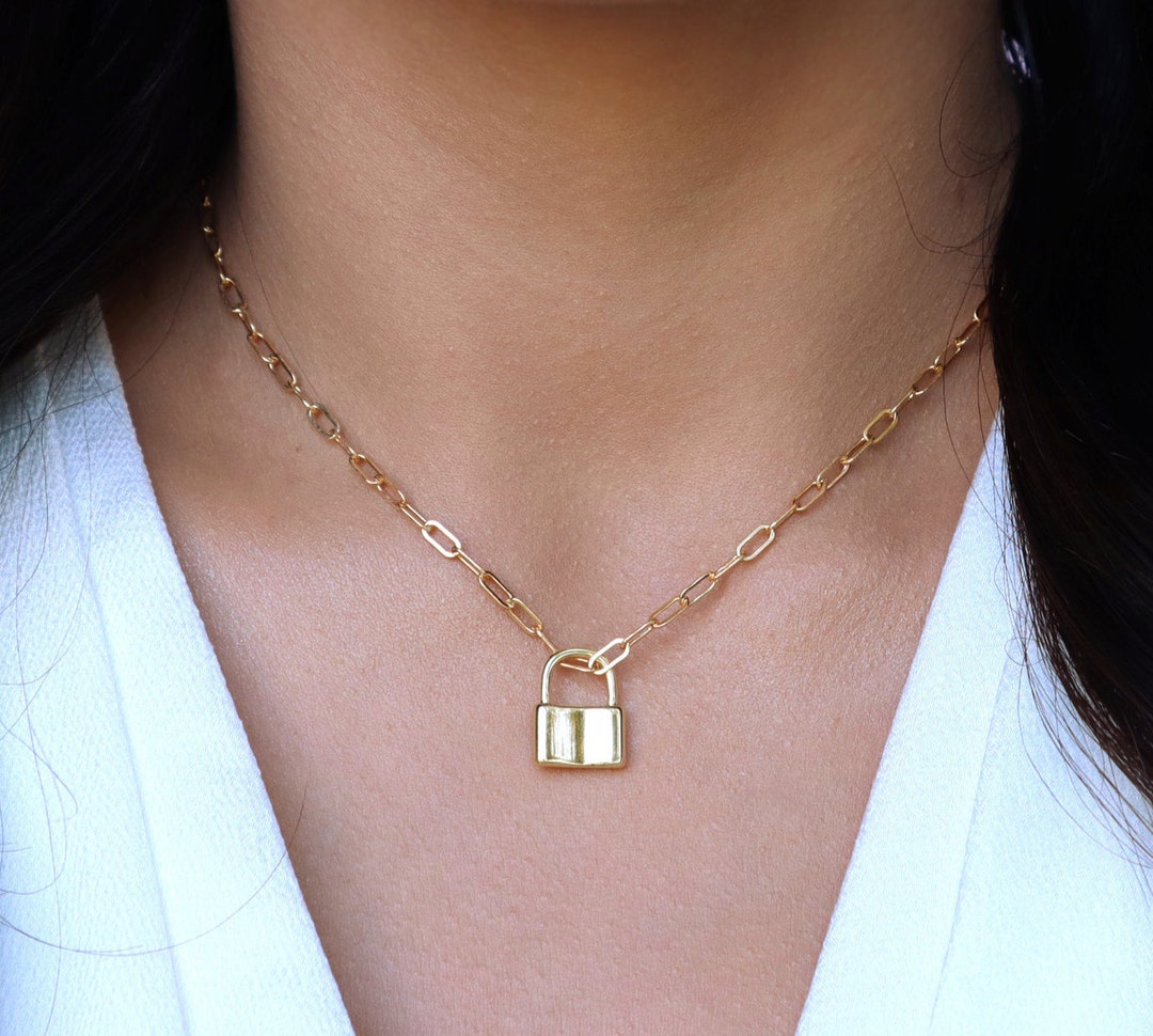 Lock Necklace, Lock Chain Necklace, Gold Necklace, Paperclip Chain ...