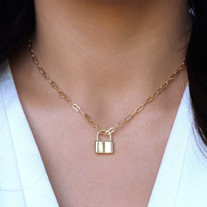 Lock Necklace, Lock Chain Necklace, Gold Necklace, Paperclip Chain Necklace, Gold Filled Necklace, Padlock Necklace, Paperclip - Made in USA