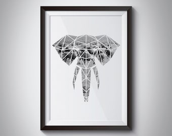 Geometric Polygon Graphic Elephant, Black and White, Wall Art Print, Photo Print, Origami Artwork, Downloadable, 7x5 8x10