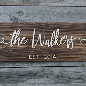 Puede incluir: Un letrero de madera rústico con el texto "the Walkers EST. 2014" en letras blancas.