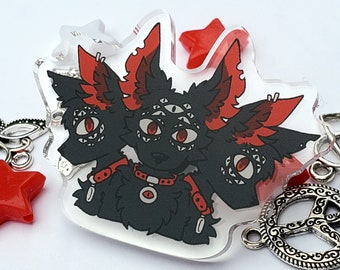 Cerberus Three Headed Black & Red Wolf Pin Multiple Eyes, All-Seeing Cerberus