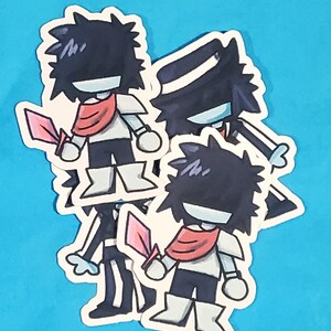 May include: A collection of stickers featuring a cartoon character with spiky black hair, a red scarf, and a pink sword. The character is wearing a white shirt, black pants, and white boots. One sticker shows the character wearing a hat. The stickers are on a blue background.