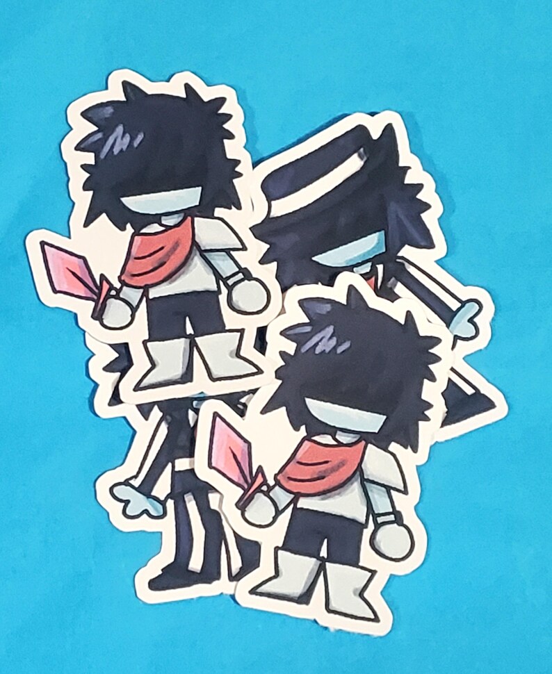 May include: A collection of stickers featuring a cartoon character with spiky black hair, a red scarf, and a pink sword. The character is wearing a white shirt, black pants, and white boots. One sticker shows the character wearing a hat. The stickers are on a blue background.