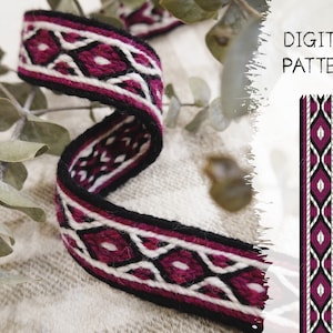 May include: A digital pattern for weaving a black, white and burgundy ribbon with a geometric design. The pattern is shown on a white background with the text "DIGITAL PATTERN".
