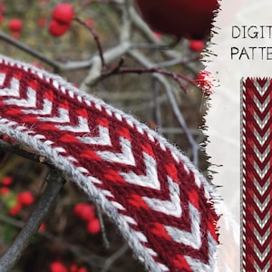 May include: A digital pattern for weaving a red and grey chevron design. The pattern is shown on a woven band.