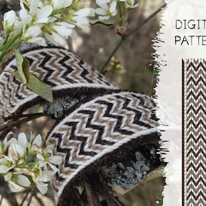 May include: A digital pattern for weaving a brown, white and beige chevron pattern. The pattern is shown on a woven band.