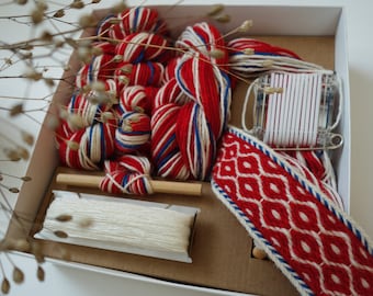 Tablet Weaving Kit: DIY Belt/Bookmark Craft - Chain Double Red-White