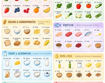May include: A My Baby's First 100 Foods chart featuring colorful illustrations of fruits, vegetables, grains, proteins, dairy, fats, and allergens. Each item is numbered with a checkbox for tracking. Includes sections for top tips and notes.