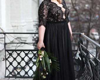 plus size black lace wedding dress