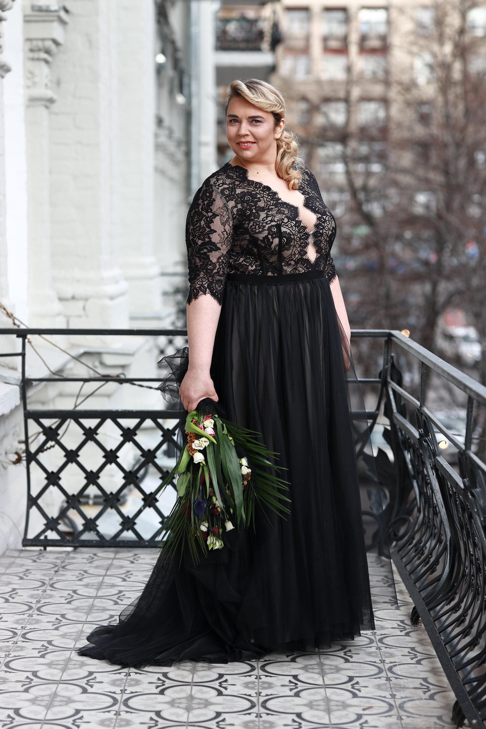 black lace v-neck boho gown gothic plus size black wedding dress