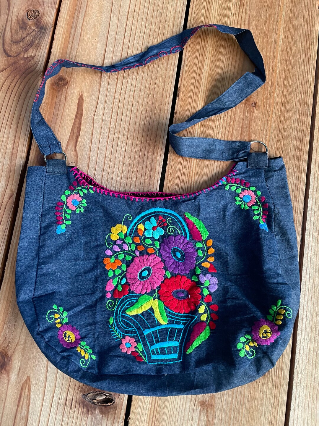Hand Embroidered Denim Crossbody Bag Etsy