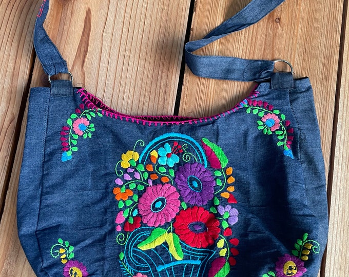 Hand embroidered Denim crossbody bag