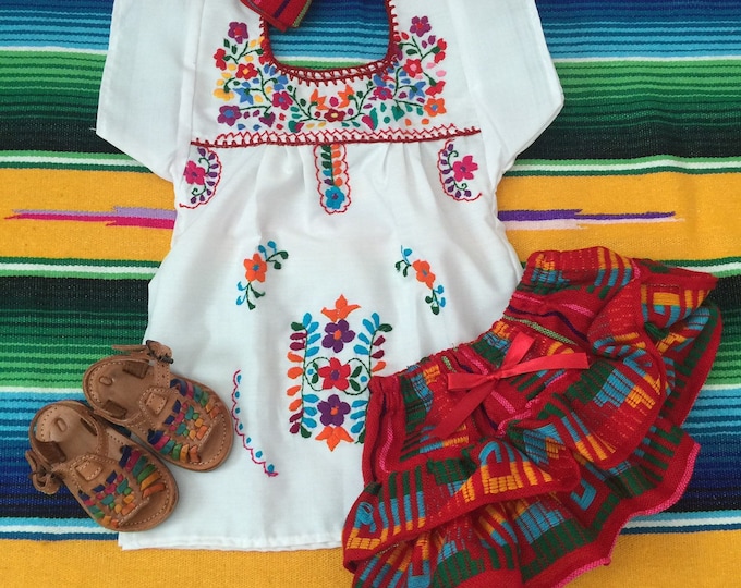 Size 0-1-2 years old baby and toddler  girl Mexican outfit hand embroidered blouse with bloomer and headband