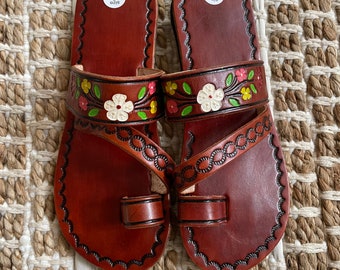 Leather Sandals Mexican style Leather Huaraches Hand painted ALL SIZES - Flip Flops - Boho Sandals - Vintage Look Style