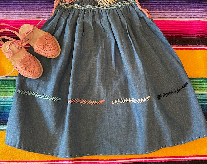 Size 3-4 years old toddler girl Mexican Hand Embroidered Denim dress