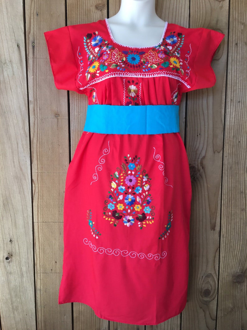 MEDIUM SIZE Hand Embroidered LONG Mexican Puebla Dress hand embroidered Belt Included Mexican Tunic