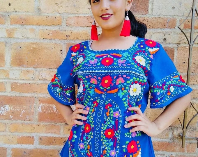 Sizes XS-S-M-L-XL - 2XL Mexican blouses hand embroidered cotton- manta Fresh summer Puebla blouses Plus Sizes Available