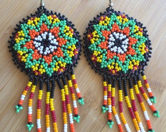 Long Mexican colorful earrings morning star beaded native earrings