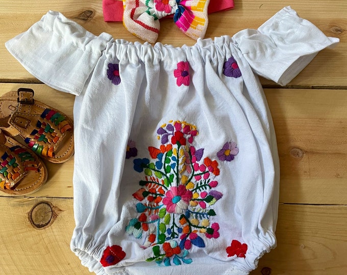 Baby Mexican bodysuit  Off the shoulders hand embroidered with headband Baby Mexican huaraches sold separately