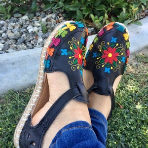 Mexican Leather Embroidered Huaraches Espadrille style flat Black Huaraches