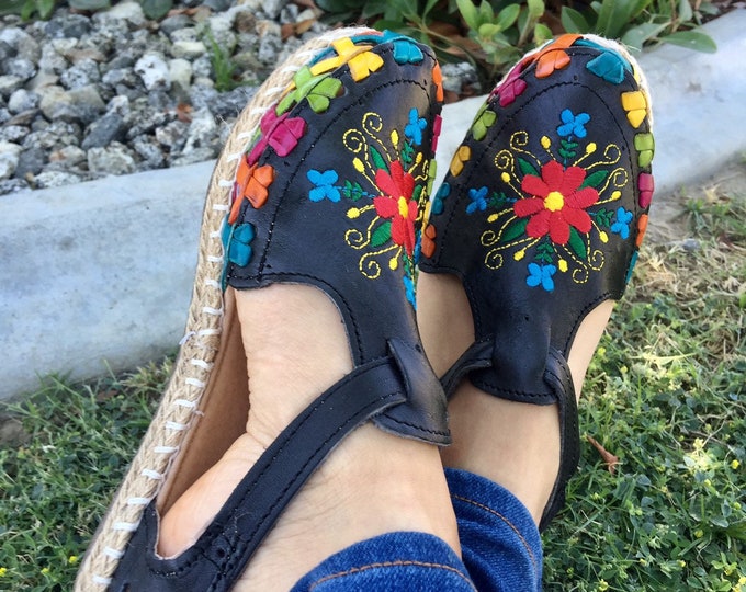 Mexican Leather Embroidered Huaraches Espadrille style flat Black Huaraches