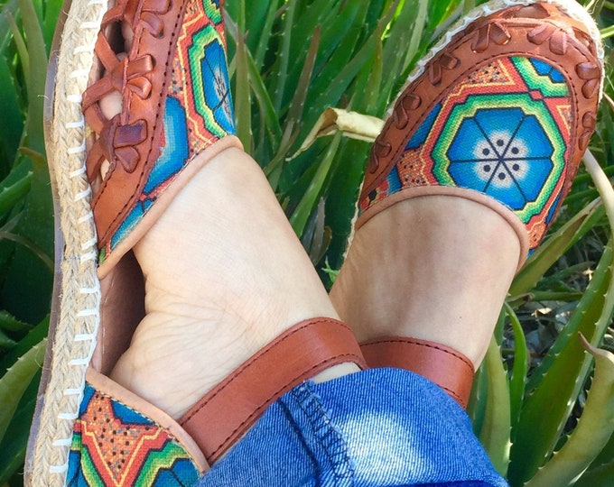Mexican Leather Huaraches Espadrilles Huichol Art Textil Mexican style boho hippie shoes ALL SIZES 6-7-8-9-10US