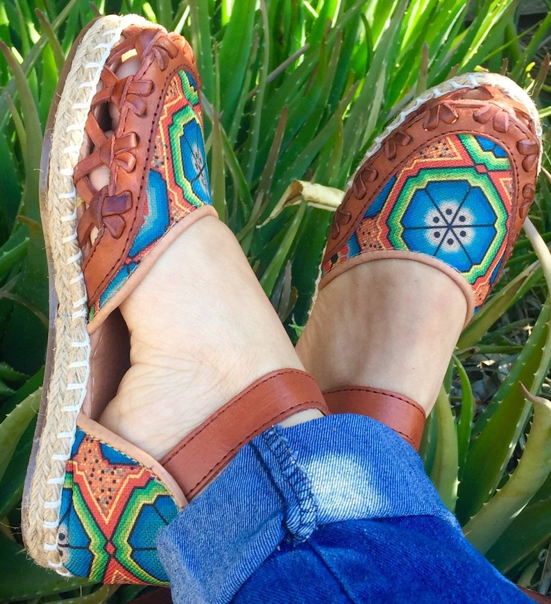 Mexican Leather Huaraches Espadrilles Huichol Art Textil Mexican style boho hippie shoes ALL SIZES 6-7-8-9-10US