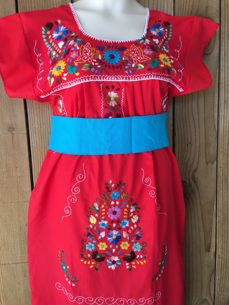 MEDIUM SIZE Hand Embroidered LONG Mexican Puebla Dress hand embroidered Belt Included Mexican Tunic