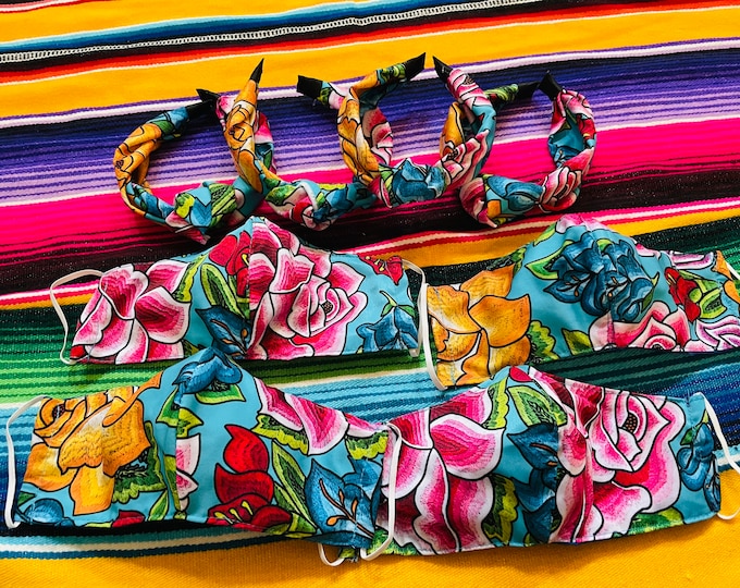 Set of Face Cover and Tiara Mexican floral printed fabric Facemask