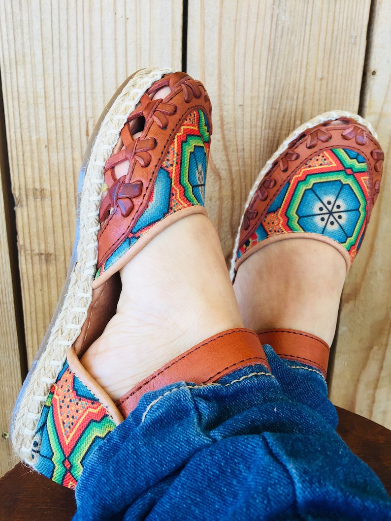 Mexican Leather Huaraches Espadrilles Huichol Art Textil Mexican style boho hippie shoes ALL SIZES 6-7-8-9-10US